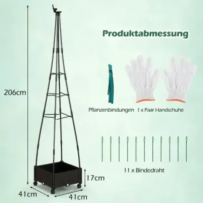 Lezecká podpera s kvetinovým boxom na kolieskach Záhradný obelisk z lakovaného kovu a PP 41 x 41 x 206 cm čierna