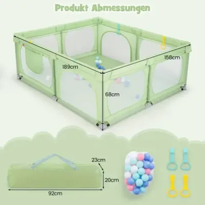 Detská ohrádka so 4 krúžkami na ťahanie a 50 oceánskymi loptičkami a priedušnou sieťovinou a taškou na prenášanie zelená
