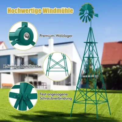 Kovový veterný mlyn so 4 opornými nohami Veterný mlyn odolný voči poveternostným vplyvom pre záhradný dvor 67 x 67 x 253 cm zelený
