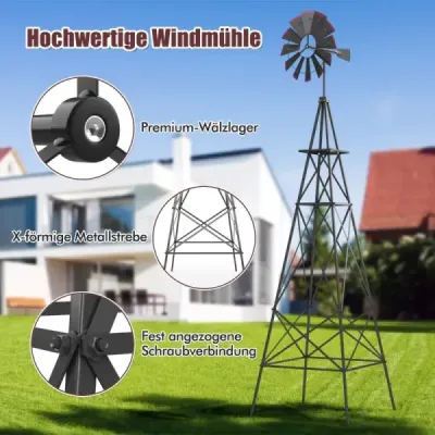 Kovový veterný mlyn so 4 opornými nohami Veterný mlyn odolný voči poveternostným vplyvom pre záhradný dvor 67 x 67 x 253 cm Sivá