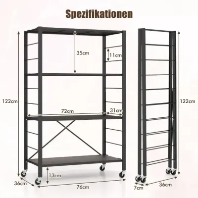 Servírovací vozík skladací 4-úrovňový Kuchynský vozík s odnímateľnými kolieskami 76 x 36 x 122 cm Čierna + rustikálna hnedá