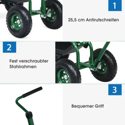 Pojazdné sedadlo s kolieskami a výsuvnou rukoväťou a košom Otočný záhradný vozík o 360° Záhradné sedadlo 96,5 x 47,5 x 47-55 cm