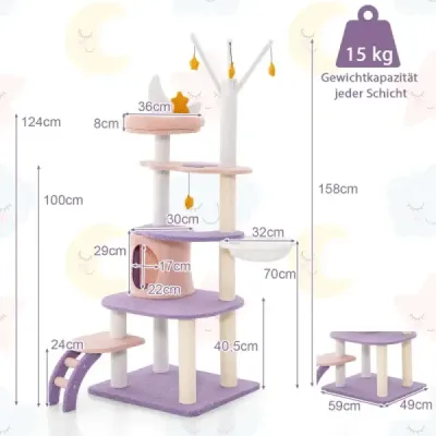 Škrabadlo pre mačky s mačacou jaskyňou a rebríkom a hojdacou sieťou a hračkou 59 x 49 x 158cm Fialová+Ružová