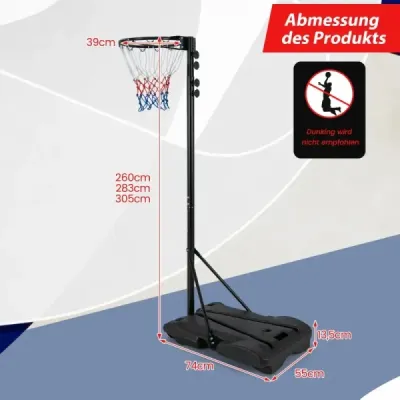 Basketbalový kôš vonkajší prenosný basketbalový stojan 260-305cm výškovo nastaviteľný čierny