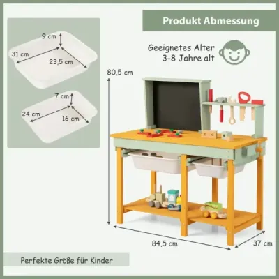 Detský drevený stôl na náradie s doskou a 2 úložnými boxmi a 16 doplnkami na hranie
