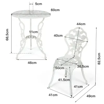 3-dielna súprava záhradného nábytku balkónová súprava s 2 stoličkami a stolom z hliníka a liatiny biela