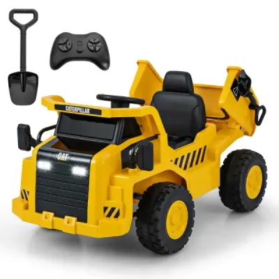 Detské elektrické auto Caterpillar od 12 V sklopný sklápač s lopatou na piesok, vyklápacím lôžkom a megafónom