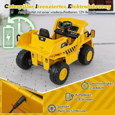 Detské elektrické auto Caterpillar od 12 V sklopný sklápač s lopatou na piesok, vyklápacím lôžkom a megafónom