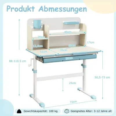 Výškovo nastaviteľný detský stôl so sklopnou stolovou doskou & police & Zásuvkový študijný stôl modrý