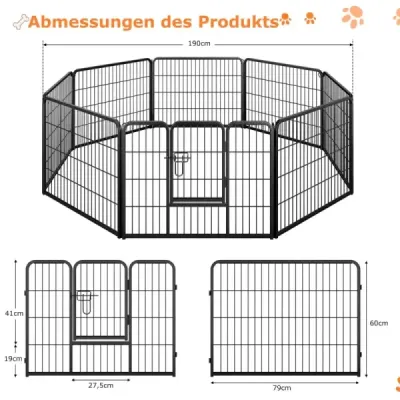 Výbeh pre šteniatko vysoký 60 cm 8-dielna skladacia vonkajšia ohrádka pre psa vyrobená z kovu čiernej farby