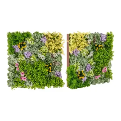 Costway 2er-Pack Quadratisch Gerahmte Wandkunst aus Künstlichem Laub 3D-Wandbegrünung 50 x 50 cm Blumen