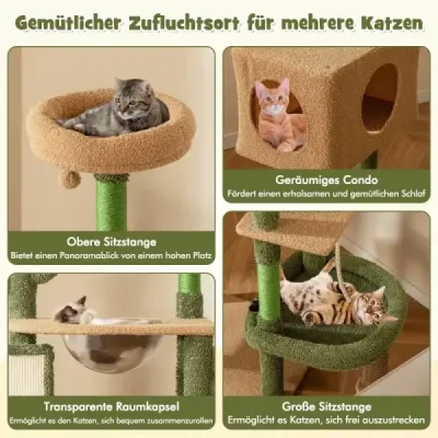 Škrabací stĺp Cactus Cat Tree with Platforms Kefa Hračka Sisal Lano Zelená + Hnedá