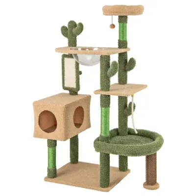 Škrabací stĺp Cactus Cat Tree with Platforms Kefa Hračka Sisal Lano Zelená + Hnedá