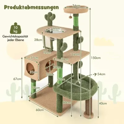 Škrabací stĺp Cactus Cat Tree with Platforms Kefa Hračka Sisal Lano Zelená + Hnedá