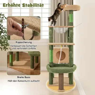 Škrabací stĺp Cactus Cat Tree with Platforms Kefa Hračka Sisal Lano Zelená + Hnedá