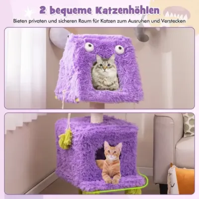 Škrabadlo Malé 111 cm Monster Theme Cat Tree s 2 mačacími jaskyňami a odnímateľným vrchom fialovým