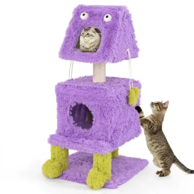 Škrabadlo Malé 111 cm Monster Theme Cat Tree s 2 mačacími jaskyňami a odnímateľným vrchom fialovým