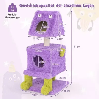 Škrabadlo Malé 111 cm Monster Theme Cat Tree s 2 mačacími jaskyňami a odnímateľným vrchom fialovým