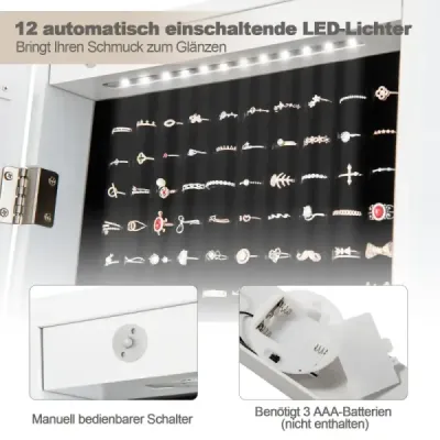 Skrinka na šperky Stojace zrkadlo 2 v 1 zrkadlo v celej dĺžke s 12 LED diódami 36 x 33,5 x 154,5 cm čierna