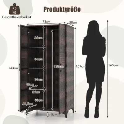 Kleiderschrank aus PE-Rattan mit 2 Türen & Kleiderstange & 4 Fächern Garderobenschrank Braun