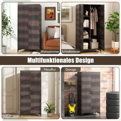 Kleiderschrank aus PE-Rattan mit 2 Türen & Kleiderstange & 4 Fächern Garderobenschrank Braun