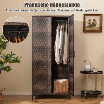 Kleiderschrank aus PE-Rattan mit 2 Türen & Kleiderstange & 4 Fächern Garderobenschrank Braun