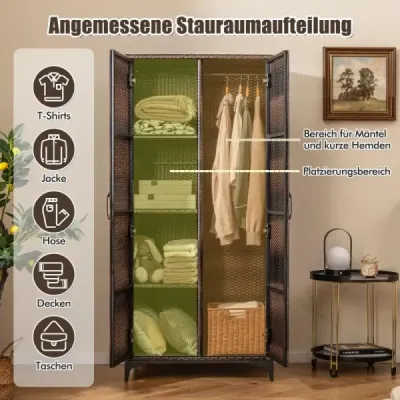 Kleiderschrank aus PE-Rattan mit 2 Türen & Kleiderstange & 4 Fächern Garderobenschrank Braun