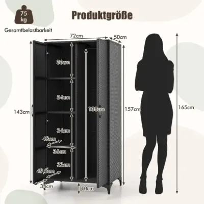 Kleiderschrank aus PE-Rattan mit 2 Türen & Kleiderstange & 4 Fächern Garderobenschrank Schwarz