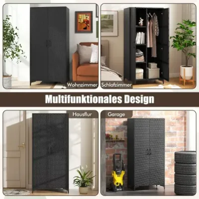 Kleiderschrank aus PE-Rattan mit 2 Türen & Kleiderstange & 4 Fächern Garderobenschrank Schwarz