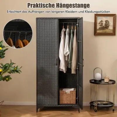 Kleiderschrank aus PE-Rattan mit 2 Türen & Kleiderstange & 4 Fächern Garderobenschrank Schwarz