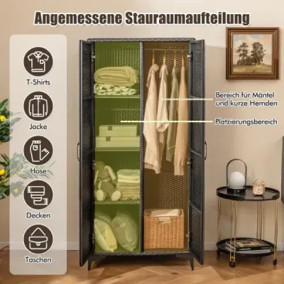 Kleiderschrank aus PE-Rattan mit 2 Türen & Kleiderstange & 4 Fächern Garderobenschrank Schwarz