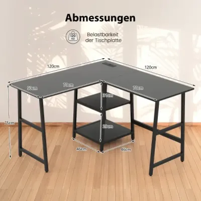 Schreibtisch L-Form Eckschreibtisch mit Steckdosen & USB-Anschlüssen 120 x 120 x 75 cm Schwarz