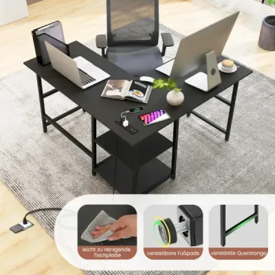 Schreibtisch L-Form Eckschreibtisch mit Steckdosen & USB-Anschlüssen 120 x 120 x 75 cm Schwarz