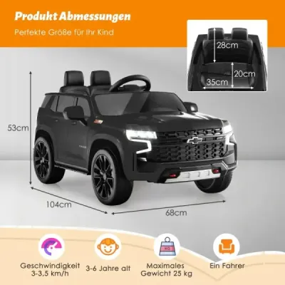 Detské elektrické autíčko Chevrolet s 2,4G diaľkovým ovládaním, odpružením, svetlami a hudbou, čierne