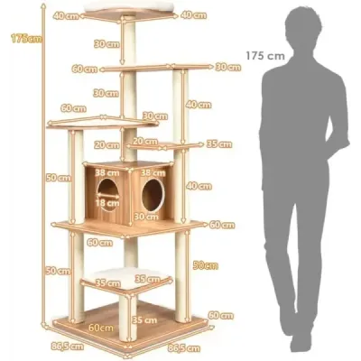 175 cm strom pre mačky 6-poschodové škrabadlo pre mačky drevený škrabací domček s jaskyňou a 5 podložkami