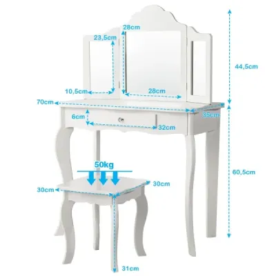 Súprava toaletného stolíka a taburetky pre deti Toaletný stolík so zásuvkovým zrkadlom 70 x 34 x 103 cm Biela