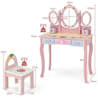 Detský toaletný stolík detská kadernícka súprava so zrkadlom 70 x 34 x 105 cm ružová