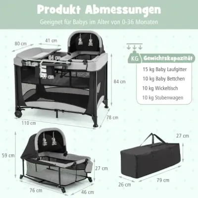 Prenosná detská postieľka 5 v 1 s cestovnou postieľkou, kolískou, ohrádkou a prebaľovacím stolíkom čierna + sivá