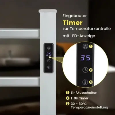 Elektrický ohrievač uterákov s 8-hodinovým časovačom a ochranou proti prehriatiu a LED displejom z hliníka