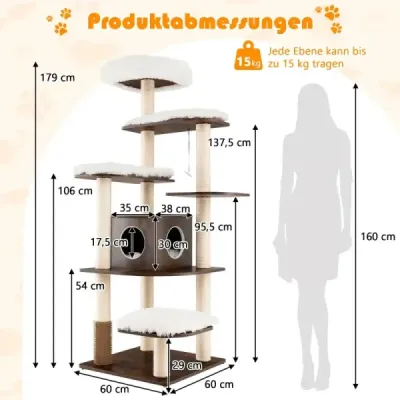 175 cm strom pre mačky 6-stupňové škrabadlo pre mačky drevený škrabací domček pre mačky s jaskyňou a 5 rohožami aktivita strom lezenie strom domček pre mačky