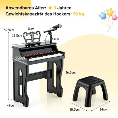 37-klávesový detský klávesový elektronický detský klavír so stoličkou čierny