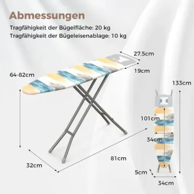 Skladacia žehliaca doska  so železnou policou a 7 nastaviteľnou výškou žehliacej dosky Pojme až 30 kg pruhované S
