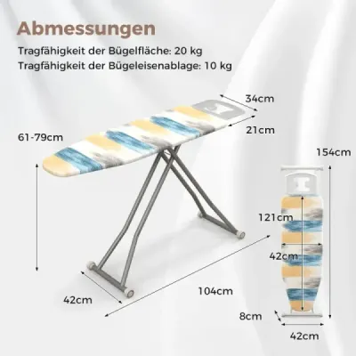 Klappbares Bügelbrett mit Eisenablage & 7 Verstellbarer Höhe Bügeltisch bis 30kg Belastbar Blau und gelb L