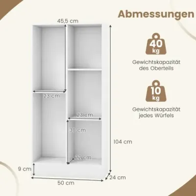 Regál s 5 priehradkami Stojaci regál Kocka Kancelársky regál Úložný regál do obývačky 50 x 24 x 104 cm Biely