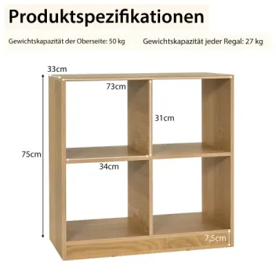 Drevená knižnica so 4 priehradkami Cube shelf & anti-tip 73 x 33 x 73 cm Príroda