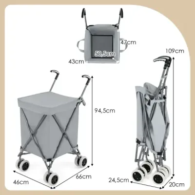Skladací nákupný vozík s kolieskami Kapacita 90 l/55 kg Ručný vozík s odnímateľnou taškou Oxford Grey