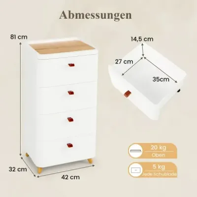 Nočný stolík so 4 zásuvkami Nočný stolík Komoda s odnímateľným organizérom Biela 42 x 32 x 81,5 cm Nočný stolík so 4 zásuvkami Nočný stolík Komoda s odnímateľným organizérom Biela 42 x 32 x 81,5 cm