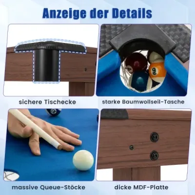 Drevený biliardový stôl s 2 tágami 2 kriedami a trojholníkom biliardový stôl biliardový modrý