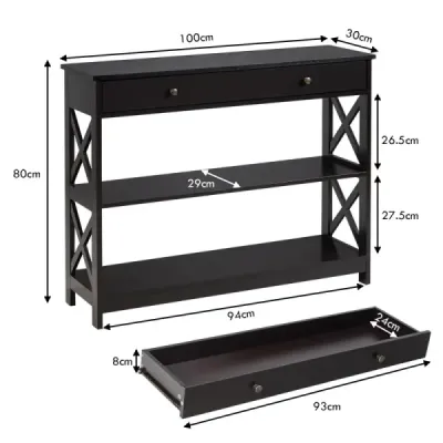 Konzolový stolík 3-úrovňový konzolový stolík so zásuvkou drevený predsieňový stolík 100 x 30 x 80 cm hnedý