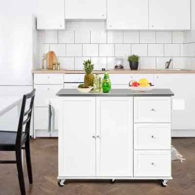 Mobilný kuchynský ostrovček s pracovnou doskou z nehrdzavejúcej ocele, 3 zásuvkami a nastaviteľnými policami v bielej farbe